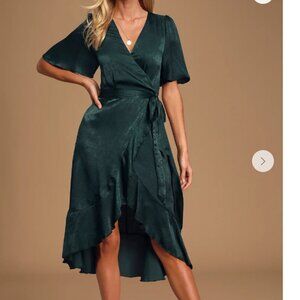 Lulus Wrapped Up In Love Dark Green Satin Faux-Wrap Midi Dress